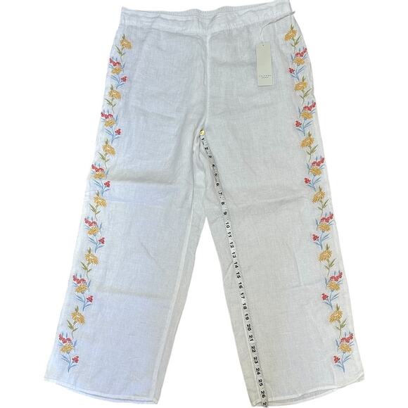 CALYPSO St. Barth Linen Wide Leg Pants White Floral Embroidered Boho Size L - Picture 2 of 8